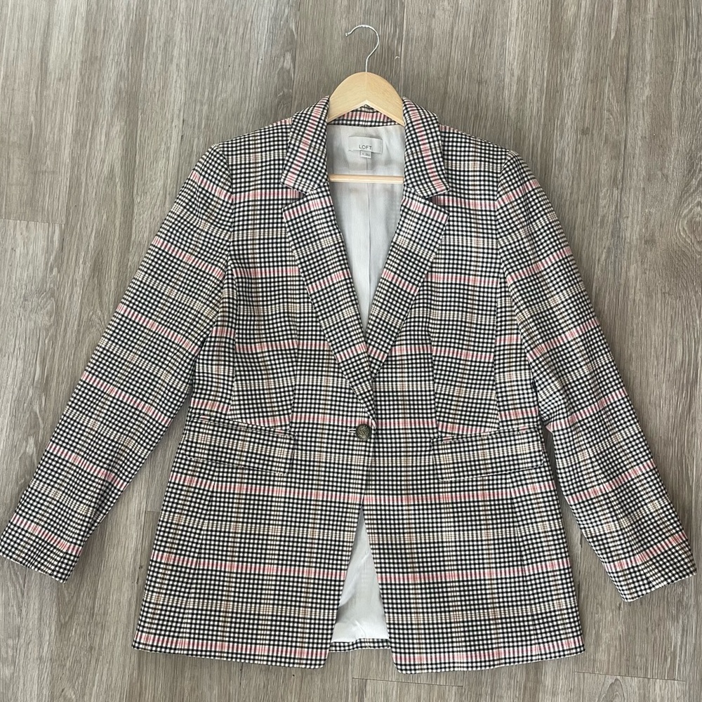 LOFT Plaid Check Blazer Size 6 Tan Black Pink Classic Tailored Career Jacket